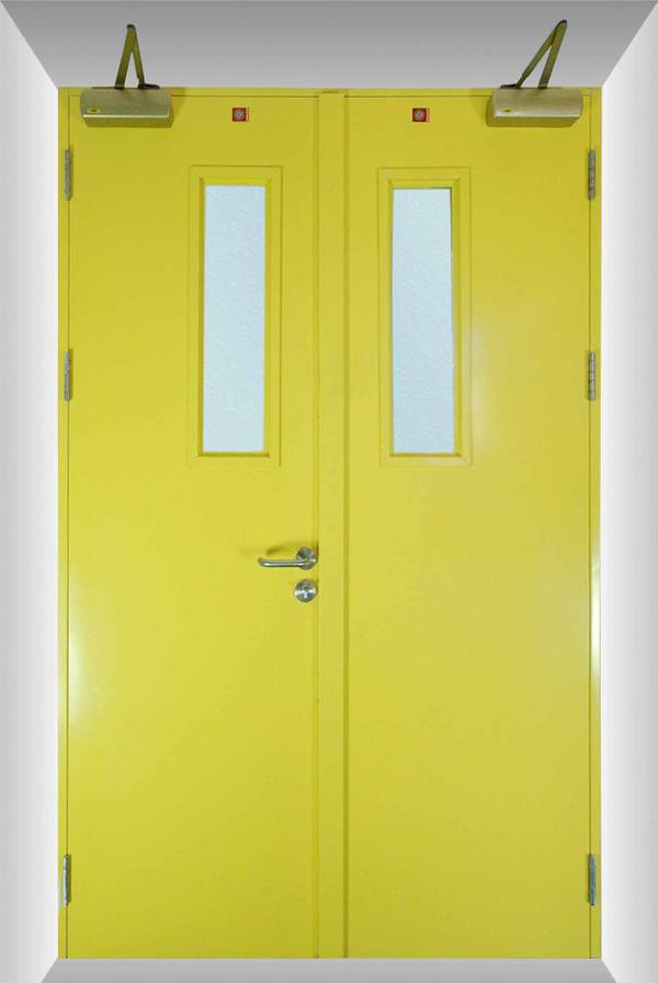 Желтая огнеупорная дверь с двумя створками и стеклами